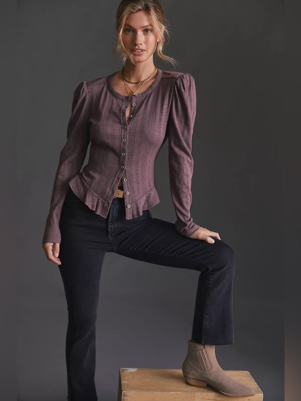 PILCRO ANTHROPOLOGIE Ribbed Puff Sleeve Cardigan Top Peplum Hem Romantic Casual